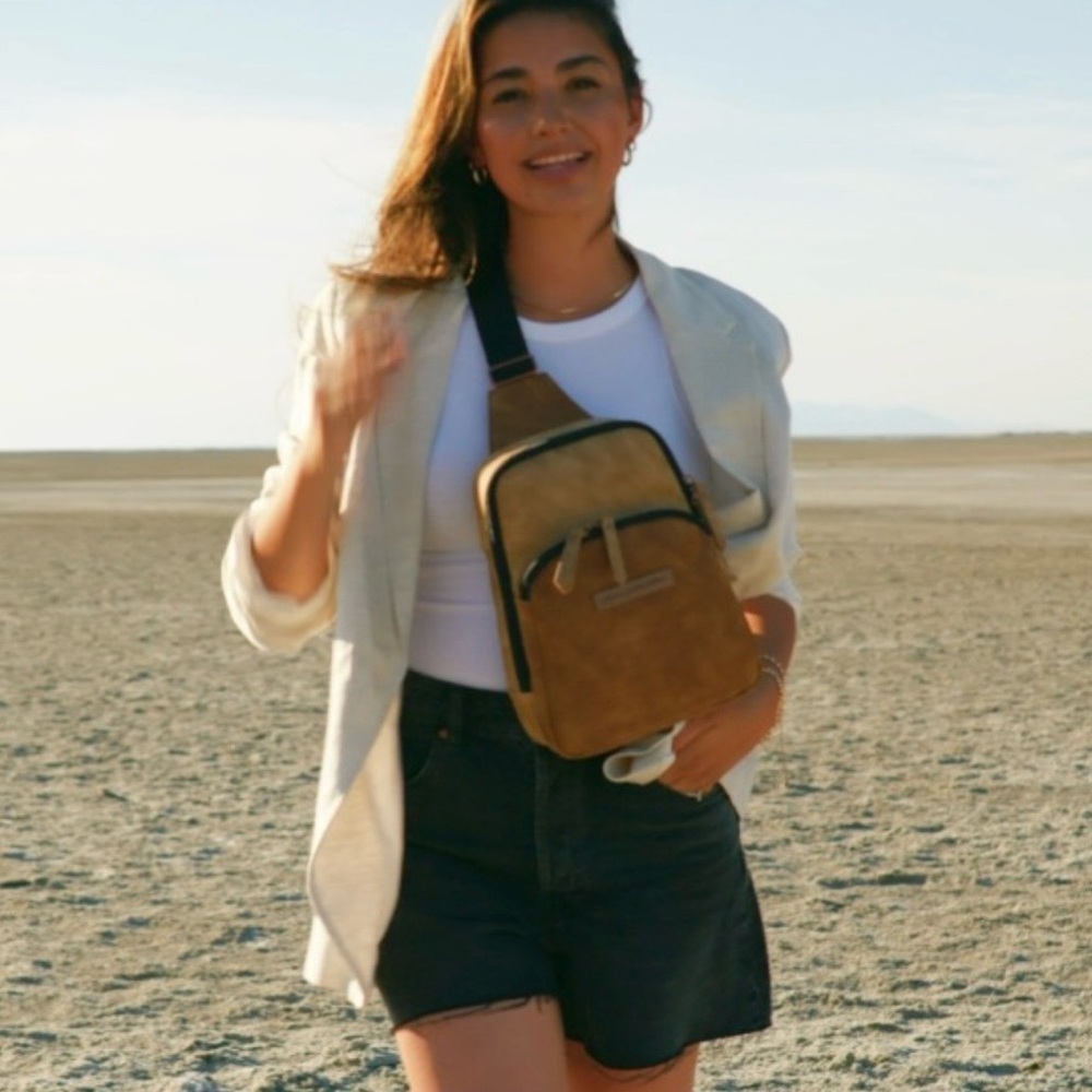 Petunia Pickle Bottom Tan Suede Crossbody Sling Bag